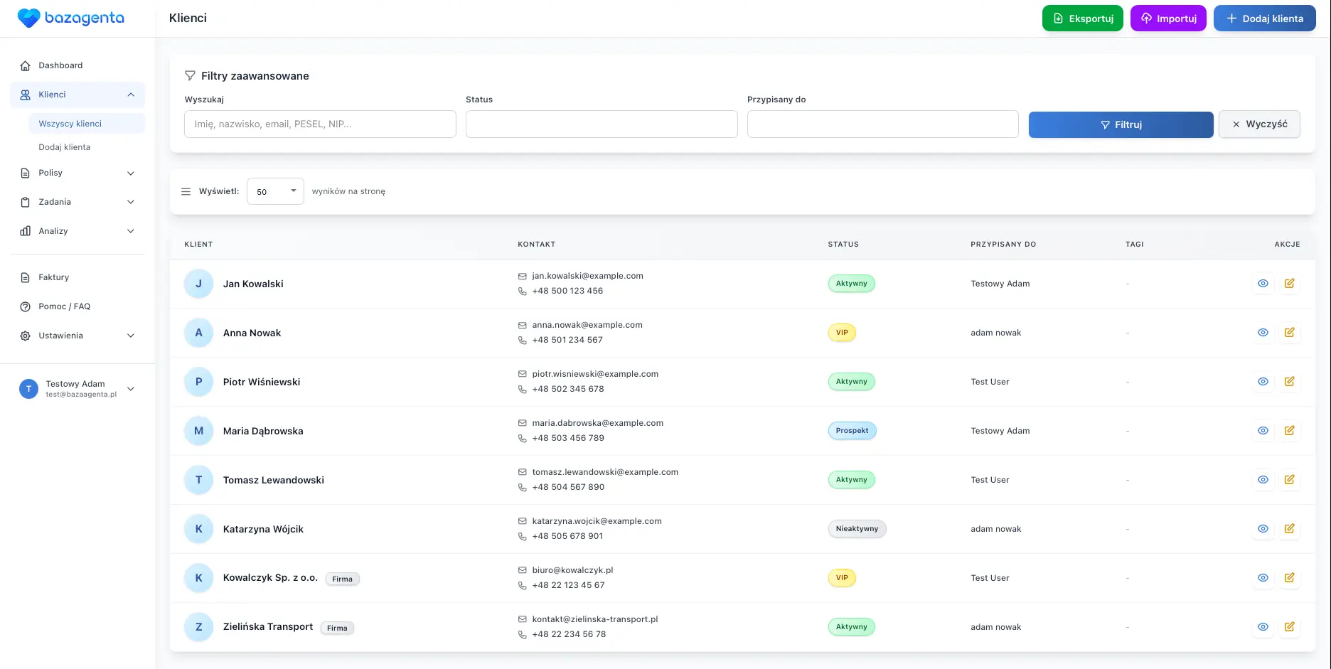 Lista klientów z filtrami i wyszukiwarką